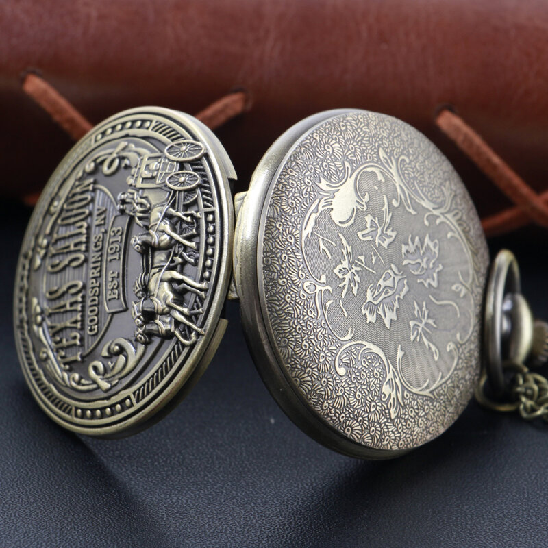 1913 Western Denim Vintage Classic Quartz Pocket Watch Bronze Pendant Necklace Chain Universal Fob Watch for Boys and Girls