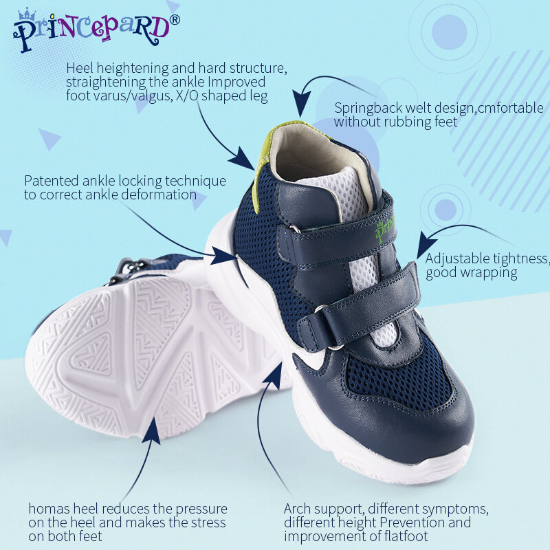 ศัลยกรรมกระดูกรองเท้าผ้าใบสำหรับเด็ก Princepard เกาหลีข้อเท้าสนับสนุนเด็กกีฬารองเท้าฤดูใบไม้ผลิฤดูใบไม้ร่วงสีขาว Navy สี19-37ขนาด