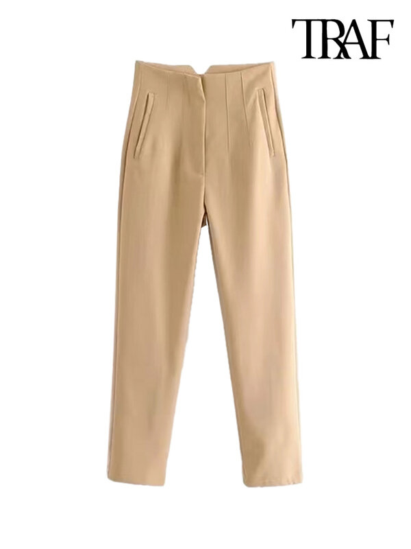 Moda damska z kieszeniami prosta, na co dzień jednokolorowe spodnie w stylu Vintage z wysokim stanem na suwak spodnie do kostki Pantalones Mujer