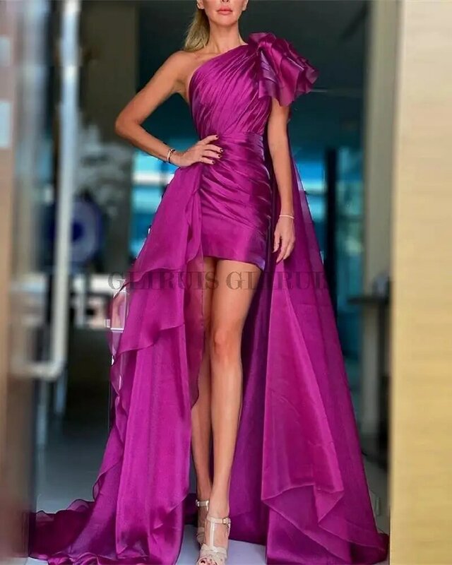 Fashion Dark Purple Arabic Evening Dress Sleeveless Short One Shoulder Prom Gowns Formal Party Dresses Vestidos