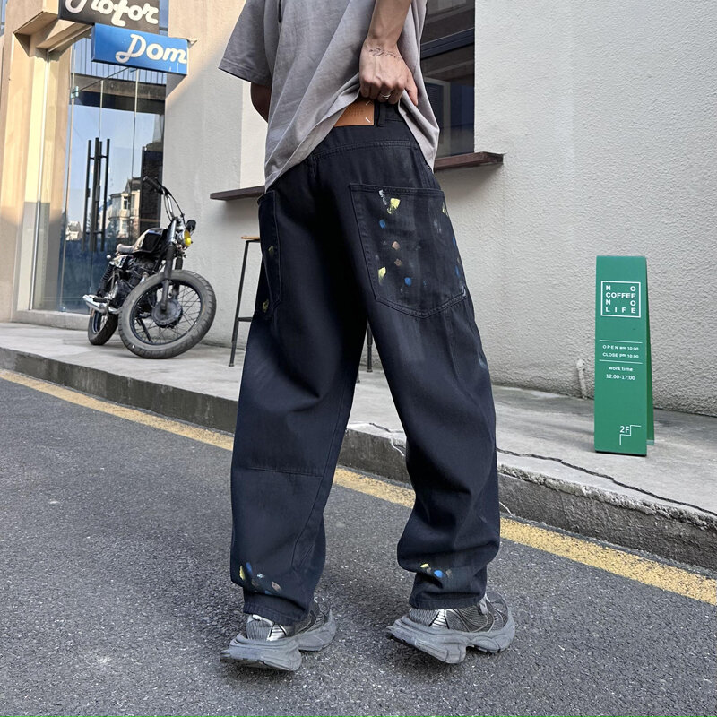 High-end personalized hand-painted loose jeans men's straight-legged wide-legged pants influx of men's denim male models