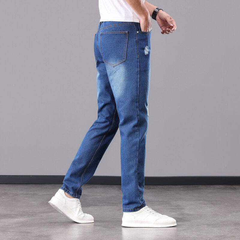 Plus size jeans men's Slim ragged holes tide tide brand hip-hop beggar thin models 46 48