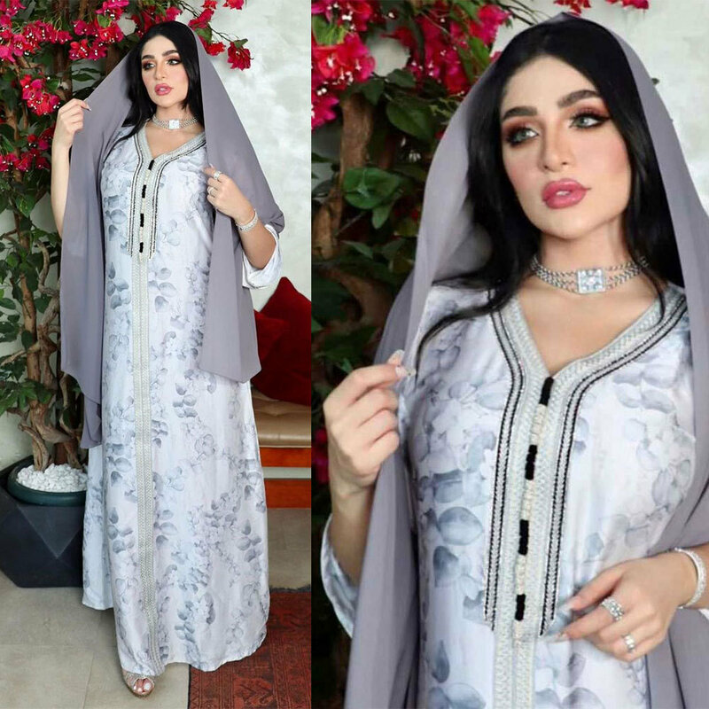 Kobieta muzułmańska sukienka z nadrukiem Hui dla kobiet moda dubaj abaje Casual dekolt w serek muzułmańska sukienka Jalabiya Vintage luźna islamska odzież