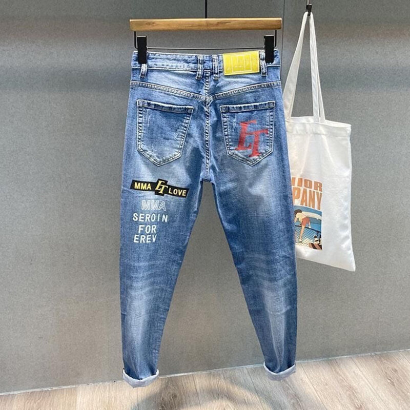 Men Jeans Fashion Street Hip-Hop Jeans Male Punk Style Denim Pants Summer Spring Men Stretchy Slim Fit High Quality Mans Jeans