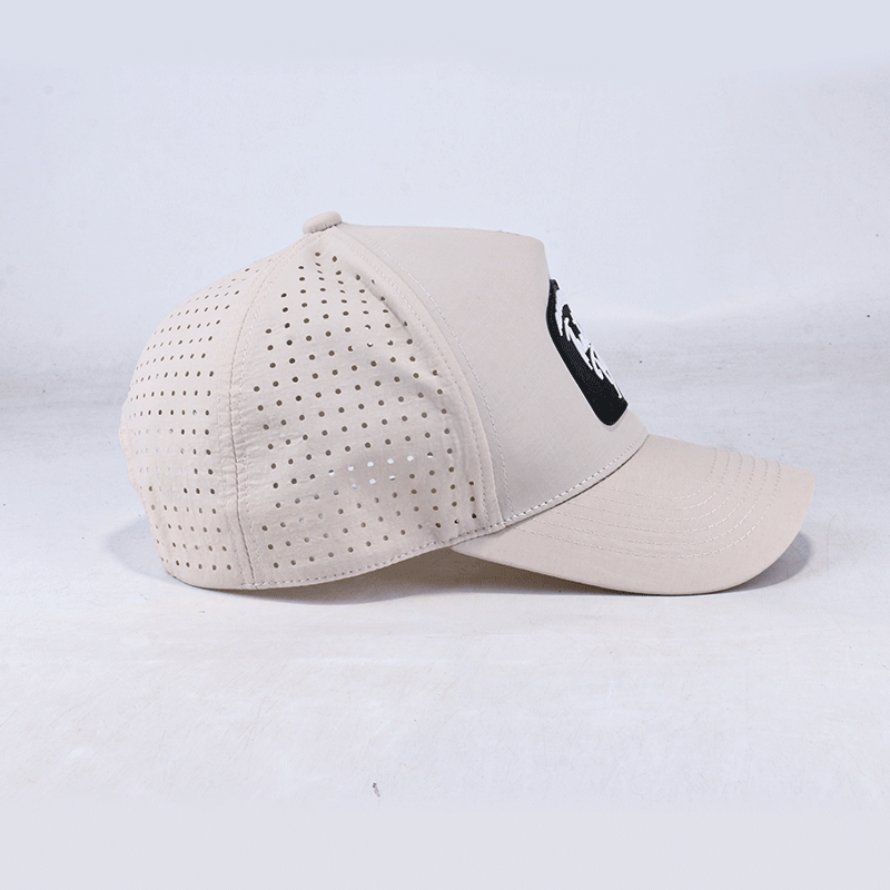 Custom 5 Panel Rubber Patch Logo Baseball Cap Waterproof Laser Cut Drilled Hole Perforated Quick Dry Hat