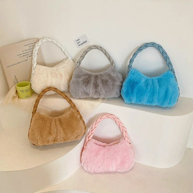 New Fashion Plush Shoulder Bag Tote Bag Small Armpit Bag Solid Color PU Handle Handbags Large Capacity Casual Shopping Bag 2024