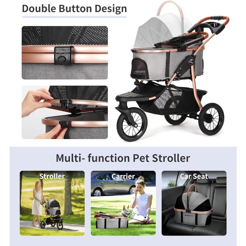 Składany wózek do biegania dla zwierząt domowych odpowiedni dla małych i średnich psów i kotów, wytrzymała guma 3 w 1 do wózków do joggingu dla psów