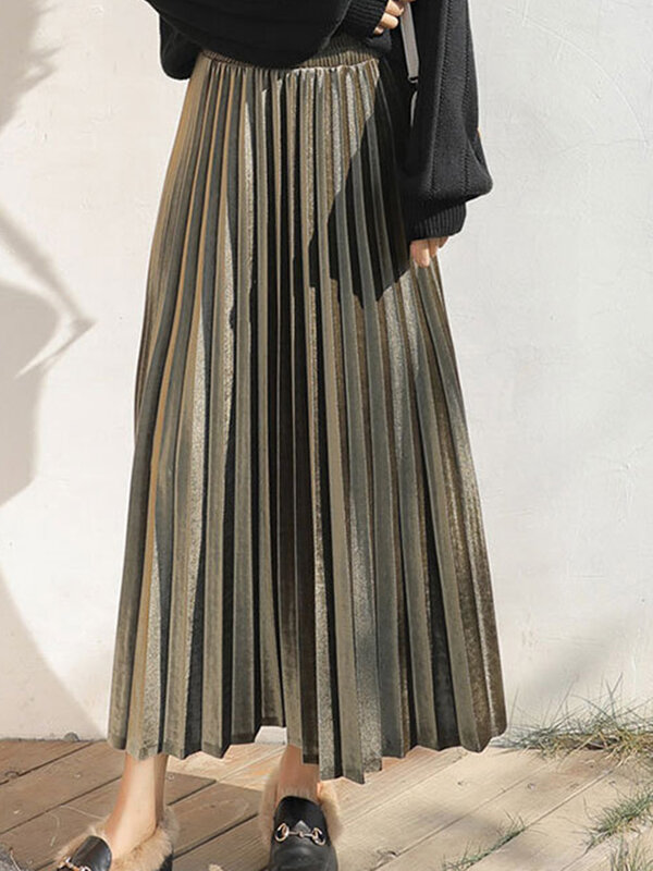 Damska elastyczny, wysoki w talii plisowana spódnica jesienno-zimowa w połowie długości moda długa gotycka Mujer Dance