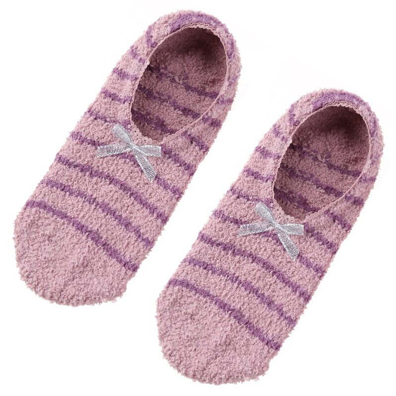 Women Winter Fuzzy Slipper Boat Socks Striped Print Sweet Bow Non Skid Warm Low Cut Home Hosiery with Grippers