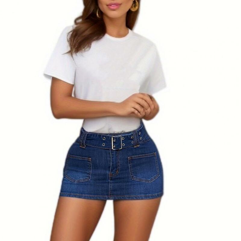 Saia jeans feminina com bolsos de cinto ajustáveis, minissaia de cintura média, envolta no quadril, monocromática, elegante, verão