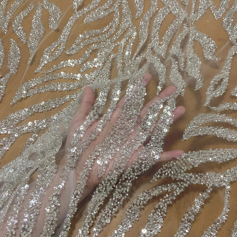 5 ярдов, новинка, Высококачественная кружевная ткань с бусинами и блестками для ногтей, Серебряное платье с кристаллами, свадебное платье