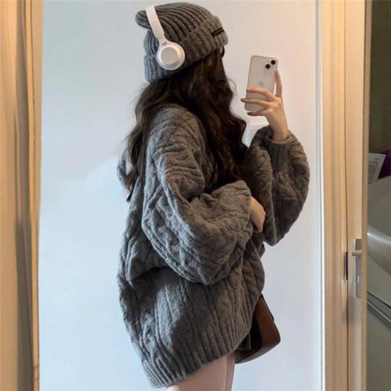 2022 Style Casual Simple Pullover New Retro Solid Color Oversized Sweater Fashion Grey Loose V-Neck Sweater Women Korean