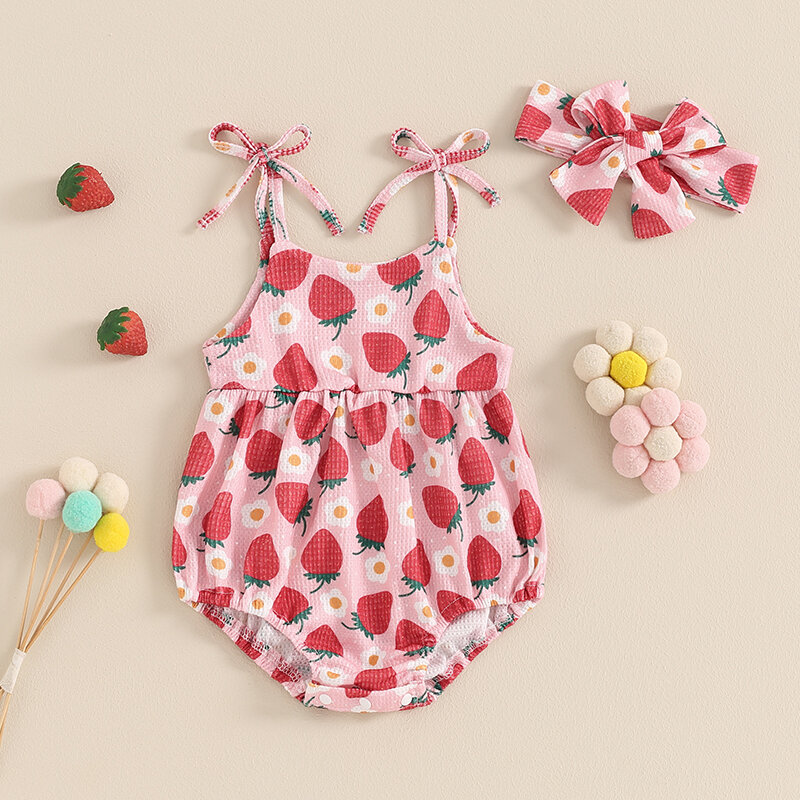 3901-04-02 Lioraitiin 0-18m niedlichen Neugeborenen Baby Sommer Bodysuit Blumen-/Erdbeer-Print ärmellose Krawatte Riemen Spiel anzug
