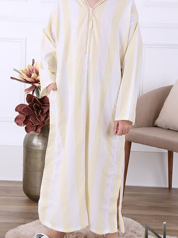Moda musulmana para hombres, Jubba Thobes, caftán árabe de Dubái, Abaya a rayas, manga larga, ropa islámica diaria, informal, suelto, saudita