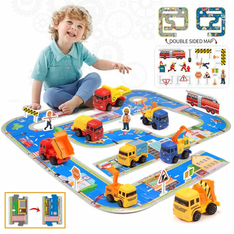 Children's educational assembly track play house pull-back engineering vehicle traffic scene toy