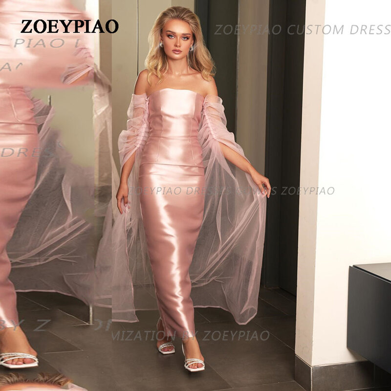Light Pink Women's Evening Dresses Sheath Satin Tulle Sexy Side Split Princess Prom Gowns Fashion Celebrity Party Vestidos De