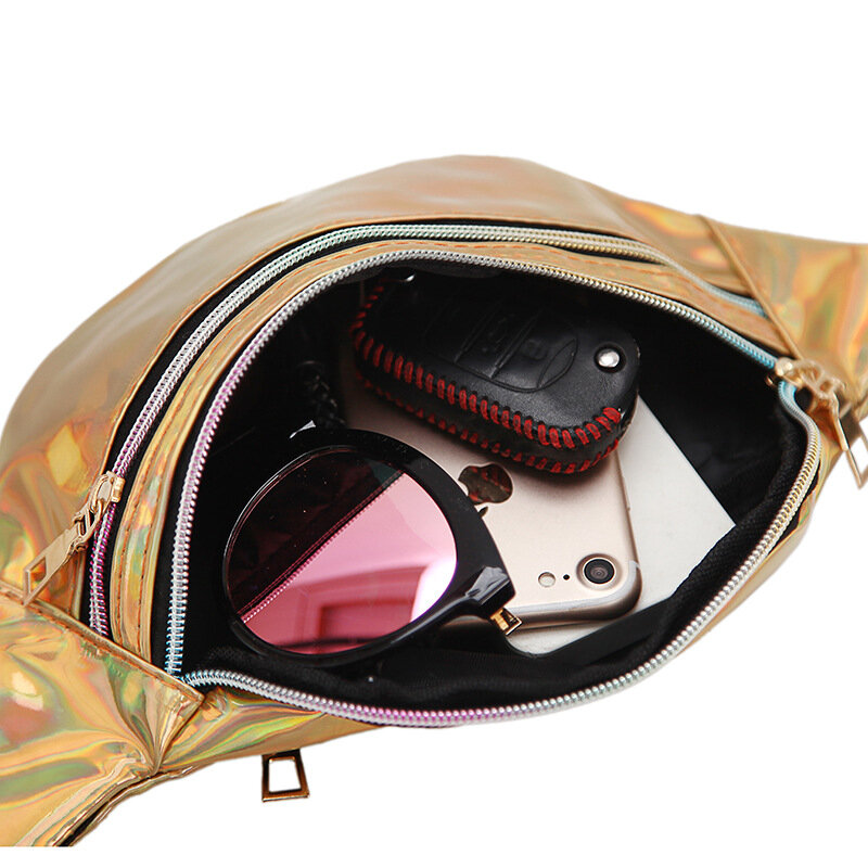 Riñonera holográfica de PU, bolso de cintura brillante impermeable, cinturón ajustable, bolsa deportiva, 2024