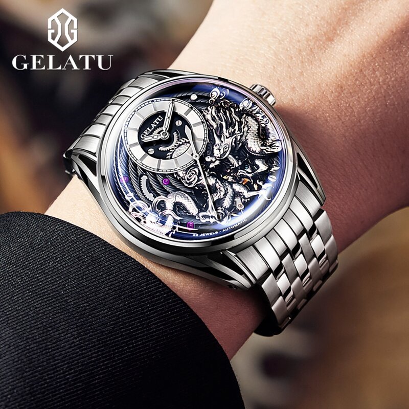 GELATU-Relógio mecânico masculino totalmente automático, relógio de pulso masculino original, marca de luxo, relógio impermeável