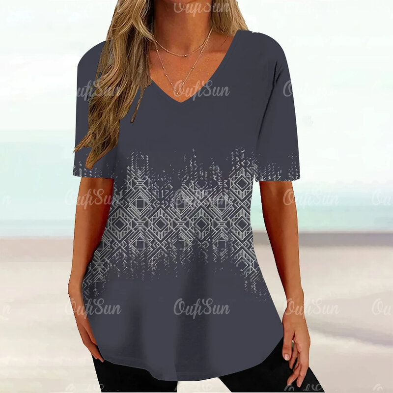 2024 New Women's T shirts Summer Geometric Print V Neck Short Sleeve T-Shirt Tops Casual Women Clothing Oversized Streetwear