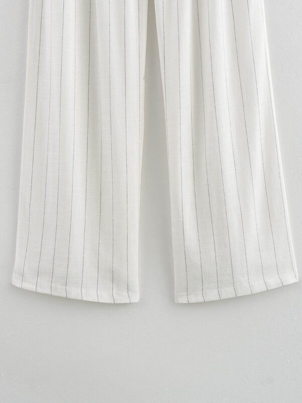 Fato listrado de algodão e linho feminino, blusa temperamentada, calça solta, zíper, terno de duas peças, nova moda, 2024