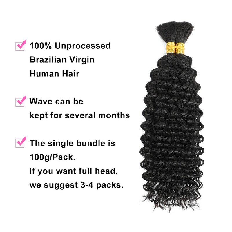 Bundles de cheveux humains pour tressage Boho, vague profonde, micro cheveux humains en vrac, sans trame, 100g
