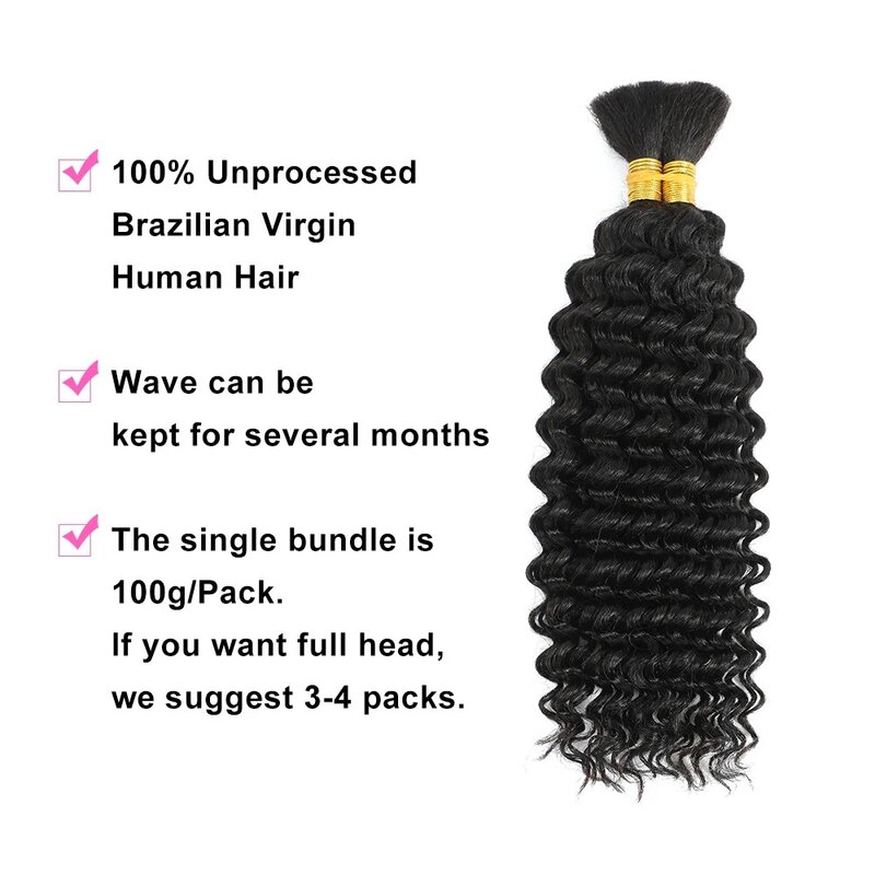 Cabelo trançado humano para tranças boho, volume de onda profunda, sem trama, micro pacotes, 100g