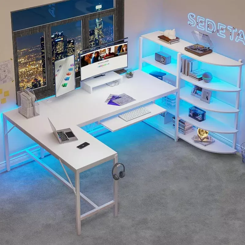 Meja Komputer bentuk L, 63 inci dengan rak penyimpanan, nampan Keyboard, dudukan Monitor dan kait Headphone, Meja permainan sudut