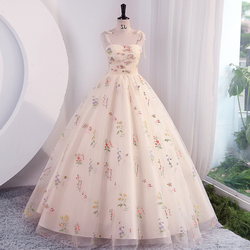 Vestido de novia de bola larga con bordado de flores, vestido de tiro, vestido de bola de Honda, vestido de princesa de Host Formal, vestidos para mujer