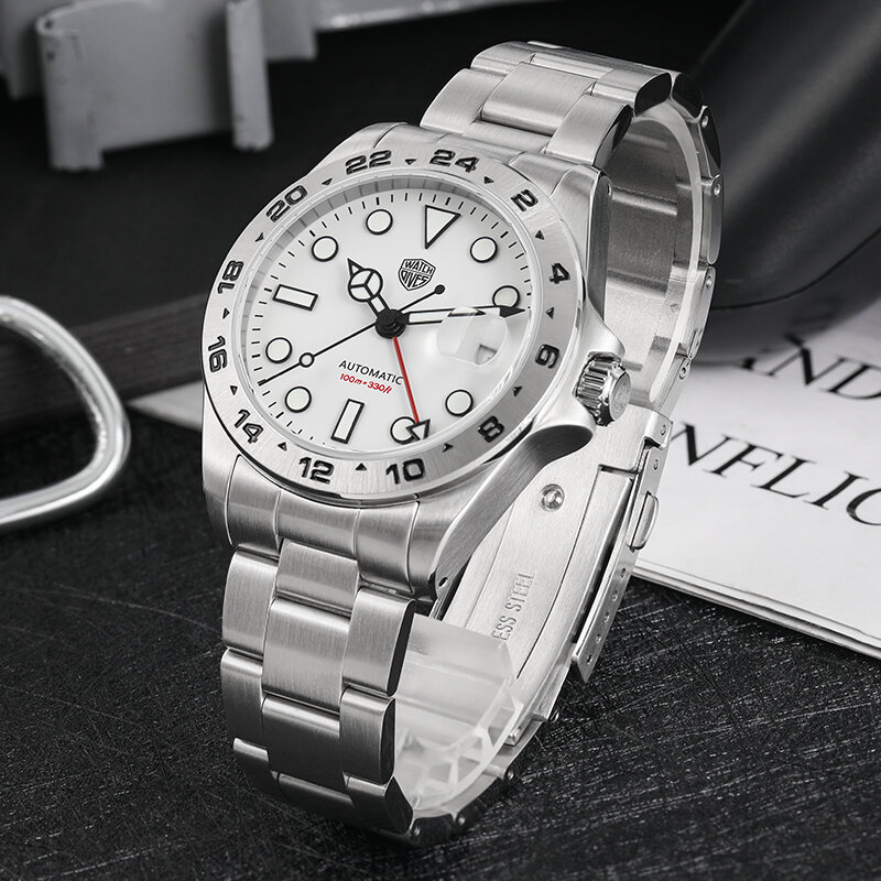 Watchdives Relógio Mecânico Automático, Relógios GMT, Sapphire Crystal, Clear AR Coating, Relógio de pulso impermeável 100m, 39mm, WD16570