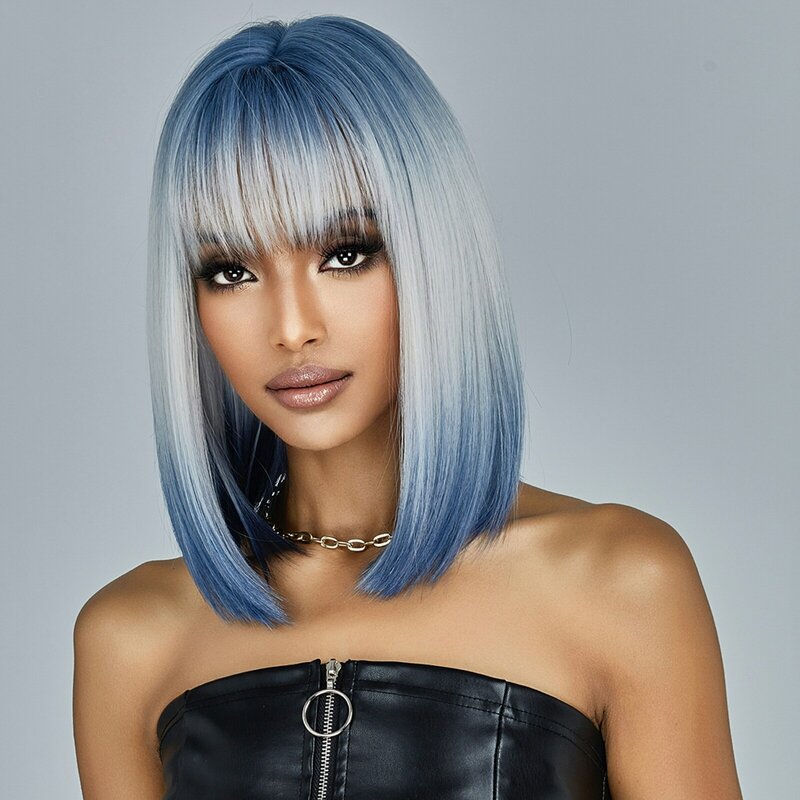 Średniej długości niebiesko-białe ombre proste włosy syntetyczne z grzywką krótki bob peruka do cosplay dla kobiet codzienna impreza odporna na ciepło