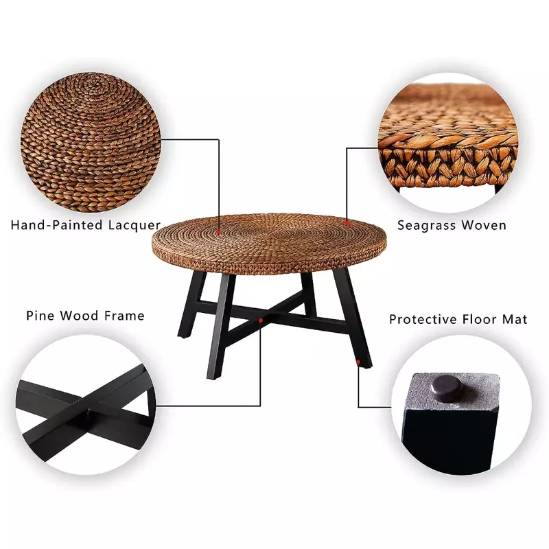 Randefurn-丸いコーヒーテーブル、seagrassコーヒーテーブル、パインウッド、xベース、カクテルテーブル、組み立てが簡単、複数のサイズ