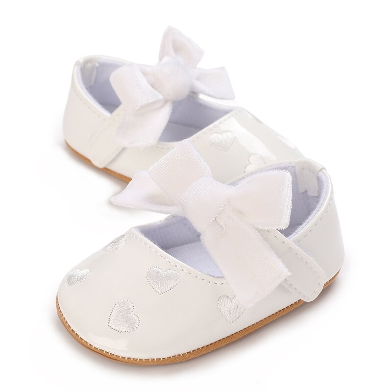 Sepatu mokasin lucu bayi perempuan 0-18 bulan, sepatu datar kulit PU sol lunak pita berbentuk hati, sepatu putri antiselip untuk bayi perempuan 0-18 bulan