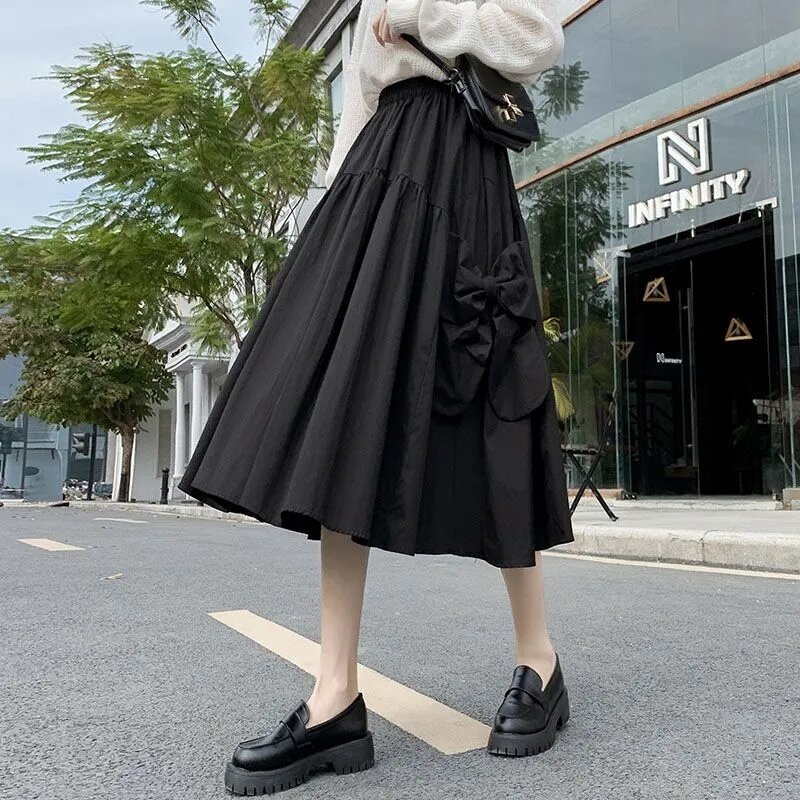 Harajuku rok lipit pinggang tinggi untuk wanita, rok pinggang tinggi pita 2024, Rok Midi model Korea elegan