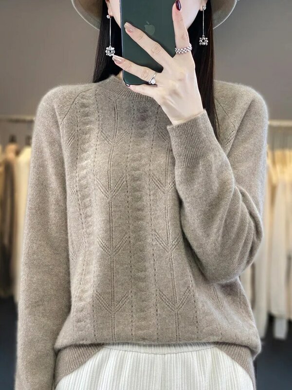 Suéter de caxemira com pescoço simulado para mulheres, pulôver de manga longa 100% lã merino, malha casual, estilo coreano, outono e inverno