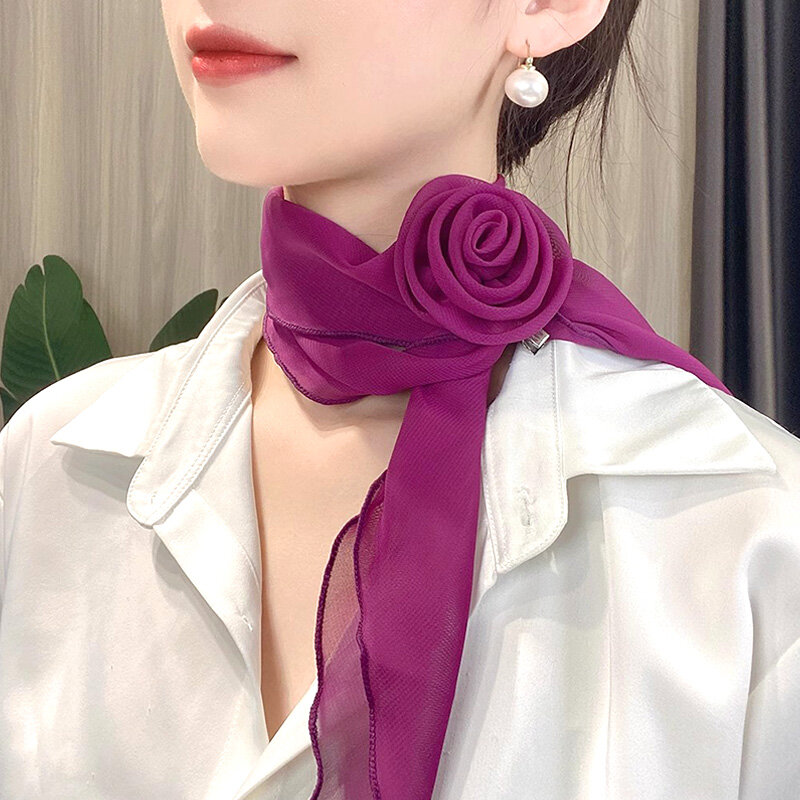1Pc New Fashion Women's Chiffon Neck Scarf 3D Rose Flower Sunscreen Neckerchief Solid Color Summer Beach Scarf Accessories
