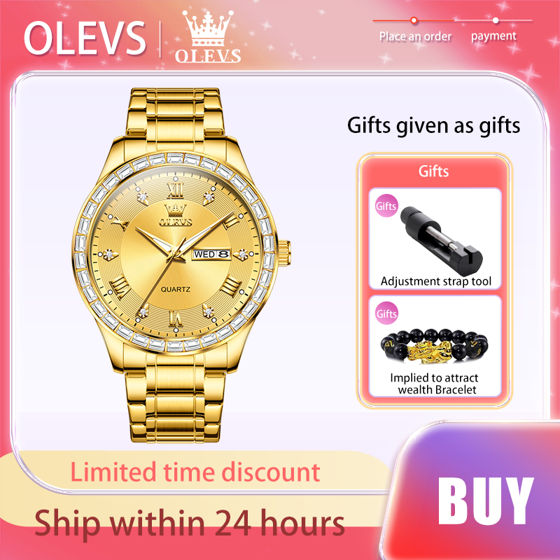 OLEVS-Homens Diamante Ouro Aço Inoxidável Relógio Quartzo Tira, Relógios Masculinos de Alta Qualidade, Relógio de Luxo Original, Semana Calendário