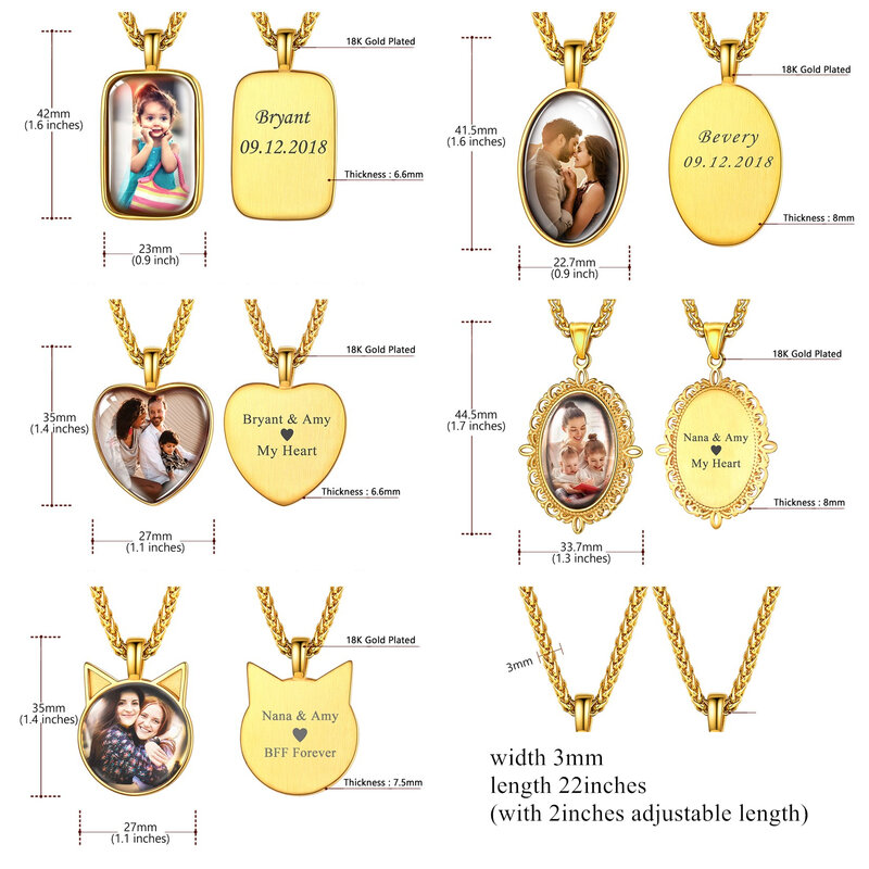 U7 Personalized Photo Necklace Vintage Oval Round Heart Shape Pendant for Picture Custom Family Couple Children Memorial Jewelry