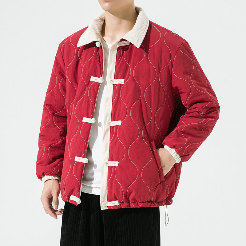 2022 Men Cotton-Padded Jacket Winter Corduroy Patchwork Ancient Style Parkas Male Retro Tang Suit Hanfu Harajuku Overcoats M-5XL