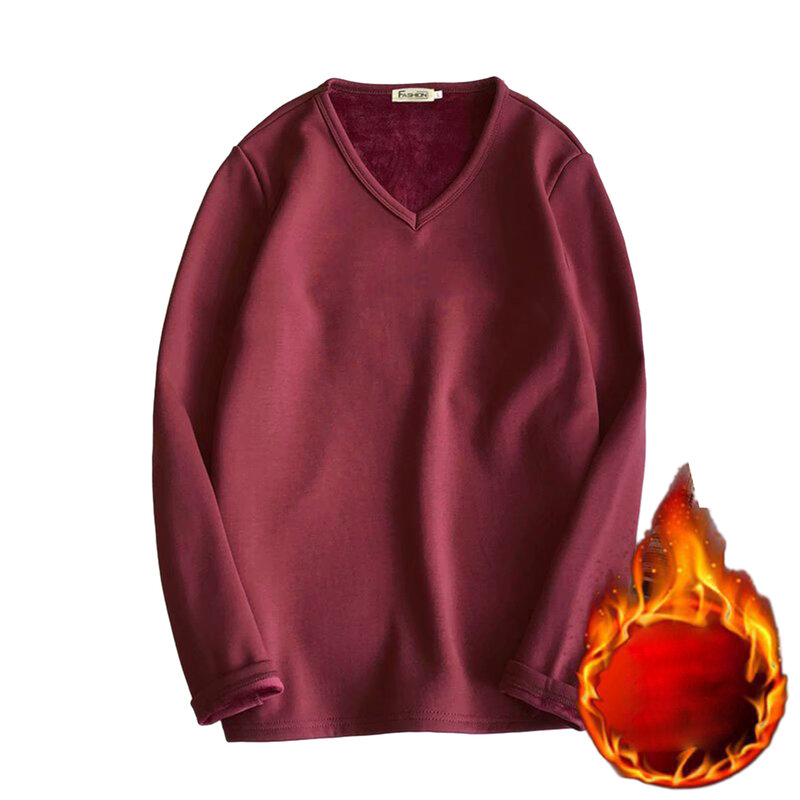 Camiseta de lã forrado masculino, tops sólidos quentes, gola V, camiseta grossa, manter quente, cores sortidas, aconchegante, elegante, inverno
