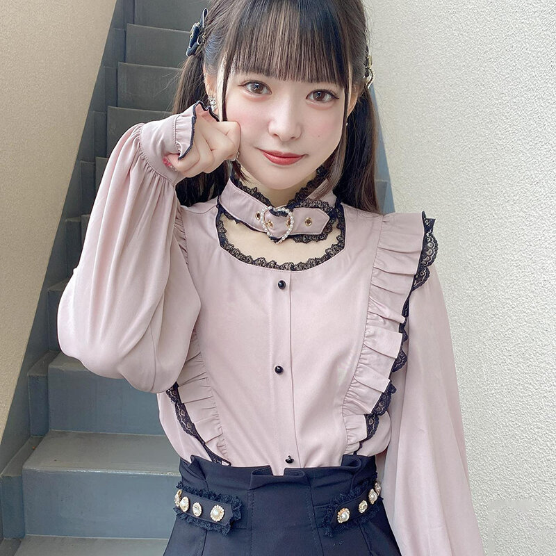 카와이 여성 셔츠 로리타 Y2K 귀여운 일본식 블라우스, 우아한 긴 소매 스위트 탑 캐주얼 오피스 레이디 미적 셔츠