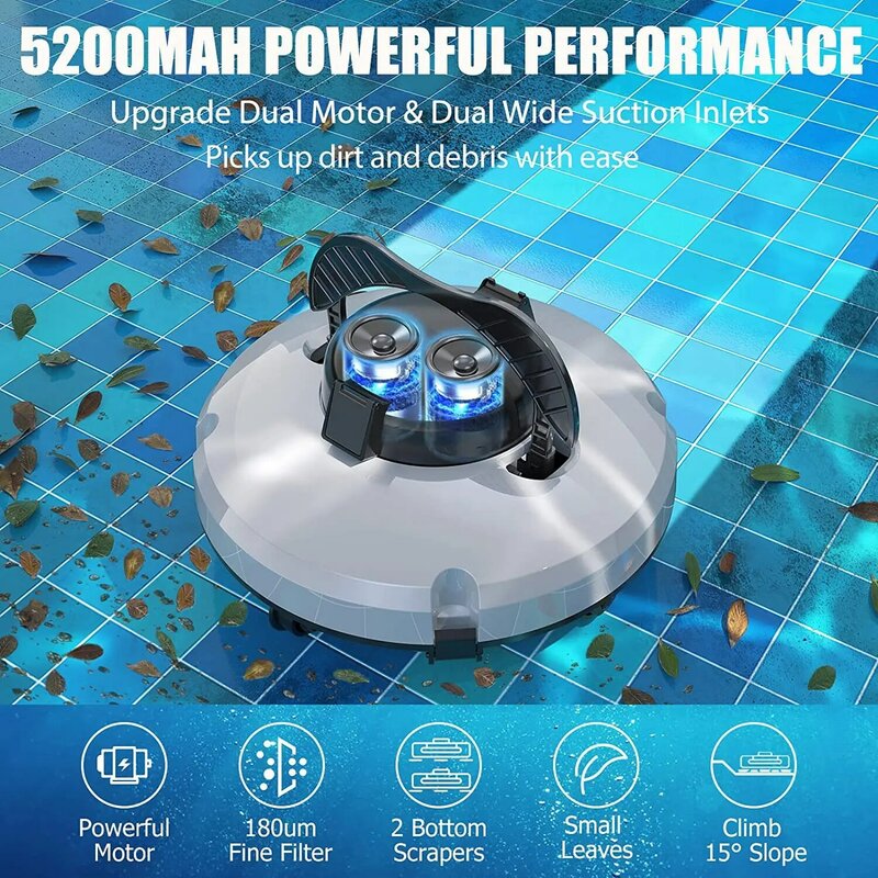 무선 수영장 로봇 청소 기계, 지능형 방수 듀얼 모터, 강력한 수영장 석션기