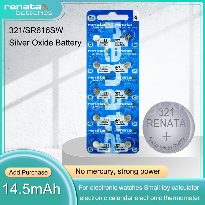 Renata 321 스케일 시계 계산기용 실버 산화물 시계 배터리, 스위스 메이드 버튼 코인 셀, SR616SW SR616 V321 GP321 1.55V