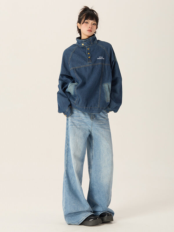 Calça jeans retrô de cintura alta feminina, estilo Harajuku, perna larga, calça jeans reta solta, calça larga, na moda, Y2K