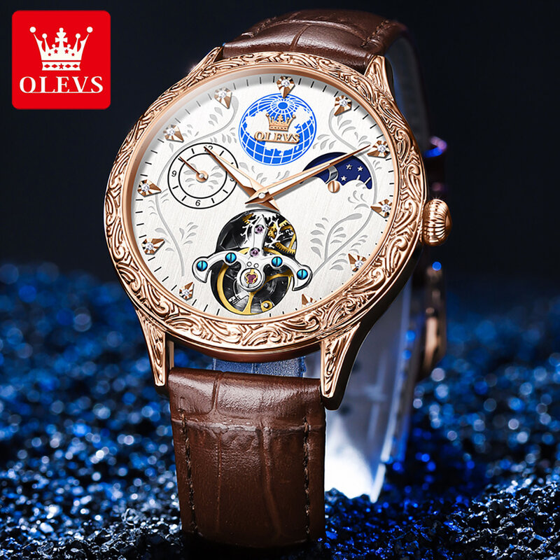 Luksusowe męskie zegarki futerał z teksturą OLEVS wodoodporny, w pełni automatyczny zegarek mechaniczny, świecący księżyc fazowy, wydrążony zegarek na rękę