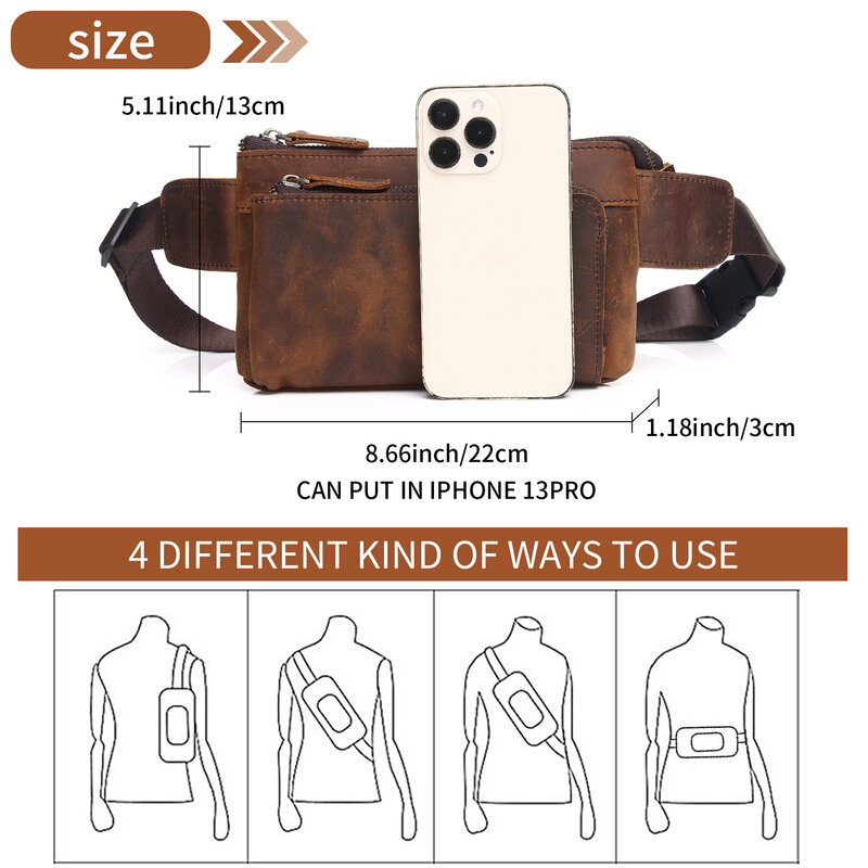 Cowhide Waist Fanny Pack-Genuine Leather and Slim with Adjustable Waistband Purse Casual  Shoulder Cross Body Bags Waist Wallet