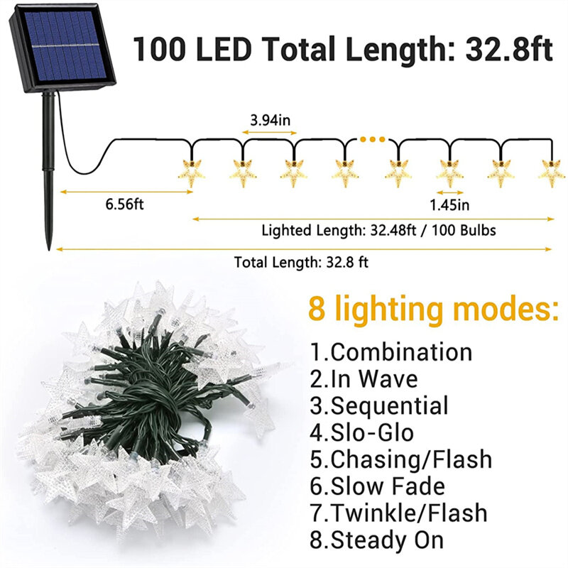 Cadena de luz Solar de estrella para exteriores, lámpara impermeable de hadas centelleante alimentada por energía Solar, 40 pies, 100 LED, 8 modos, para jardines, Patio y Navidad