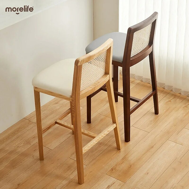 Solid Wood Rattan Woven Bar Chairs Modern Minimalist Front Desk Reception High Stools Nordic Creative Counter Stool Furniture