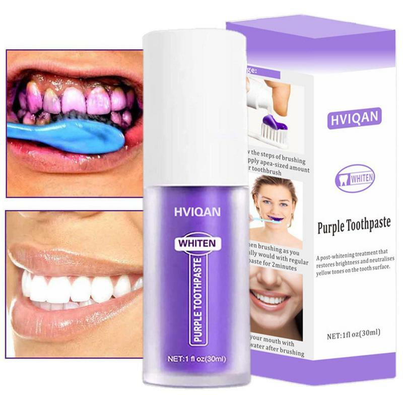 Pasta de dientes para eliminar manchas de placa Dental, Corrector de Color púrpura, pasta de dientes blanqueadora, 30ml