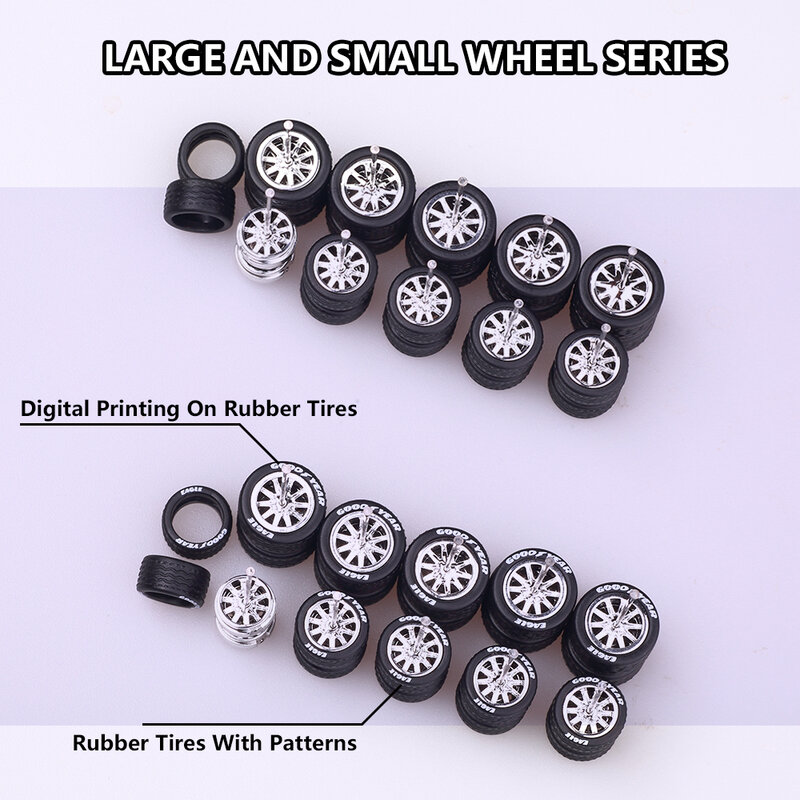 1Set Real Riders Wheels Rims Tires for 1/64 Scale Cars Hot Wheels Model Modification Hub Rubber Tires Racing Vehicle Toys