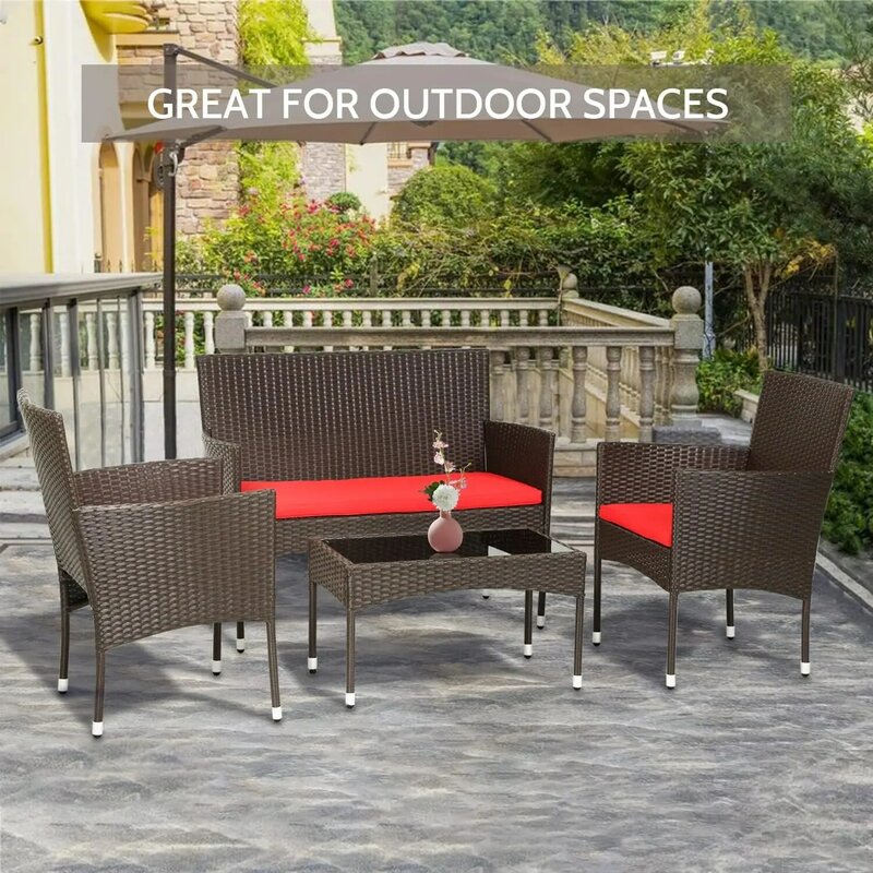 4-częściowy wiklinowy zestaw do rozmów na patio Meble ogrodowe, krzesło rattanowe, sofa, stolik kawowy, brązowa wiklinowa/czerwona poduszka